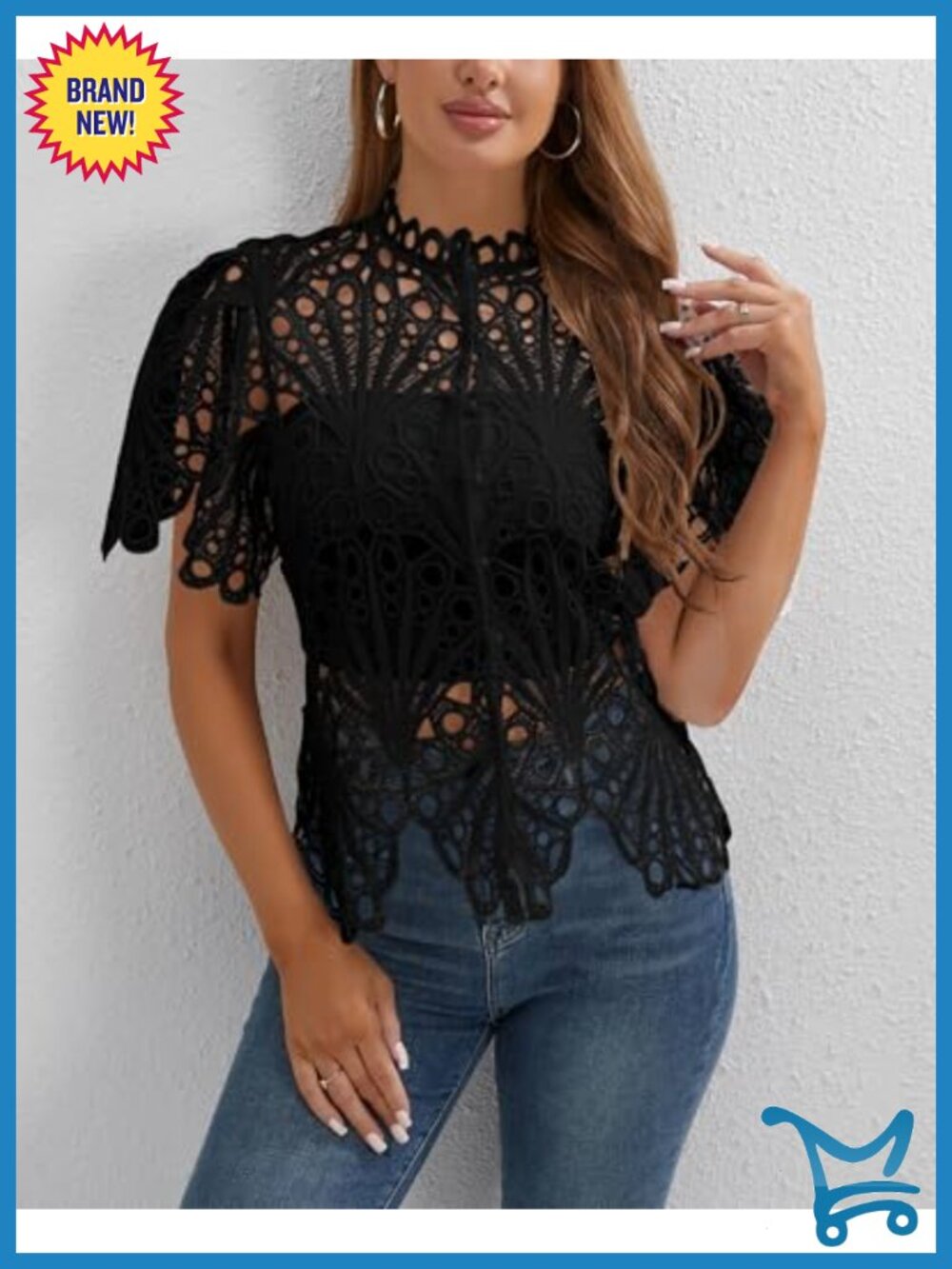 Lace Ruffle Puff Sleeve Button Down Top - Picture 6 of 6